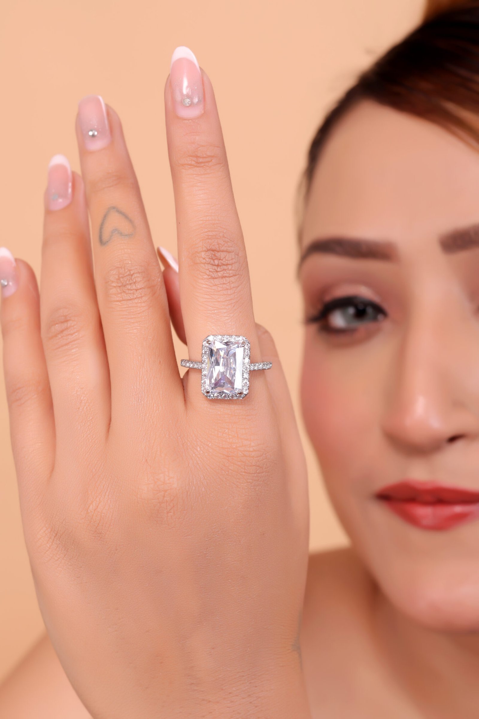 Elegant Cushion-Cut Clear Gemstone Halo Ring with Pave Band – Timeless Sparkle and Luxury Design