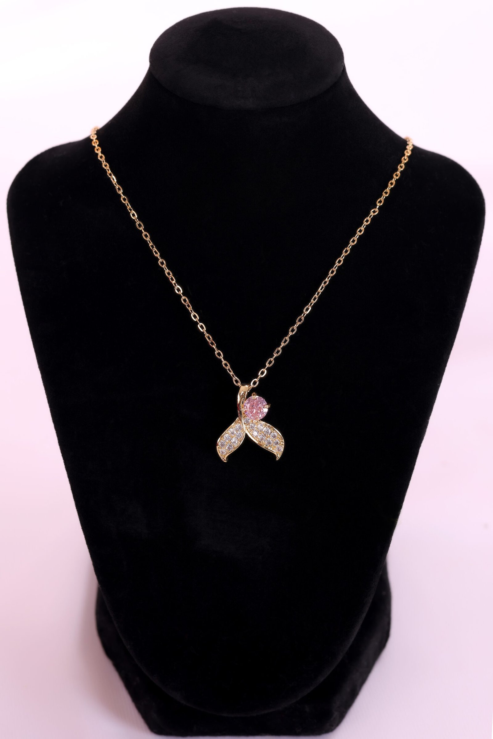 Elegant Gold Necklace with Pink and White Gemstone Pendant - Image 7