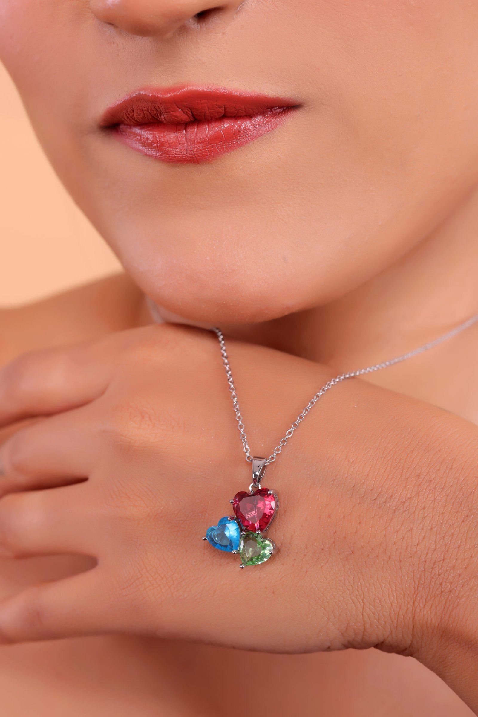 Exquisite Elegant Three-Heart Multicolor Gemstone Pendant Necklace with Radiant Precious Stones and a Timeless, Stylish Design for Sophisticated Jewelry Lovers